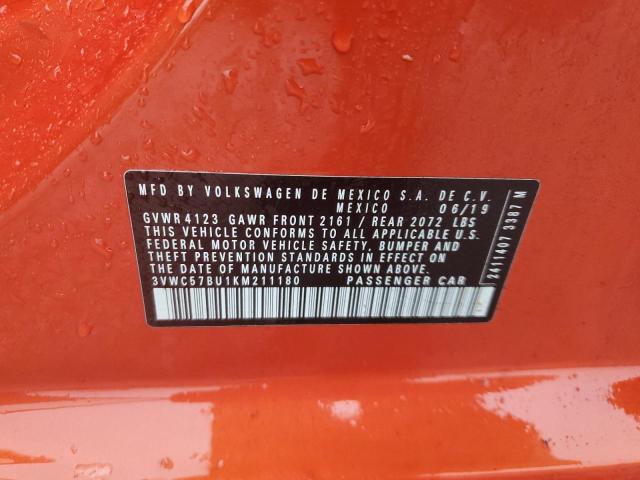 3VWC57BU1KM211180 - 2019 VOLKSWAGEN JETTA S 橙色 照片 12