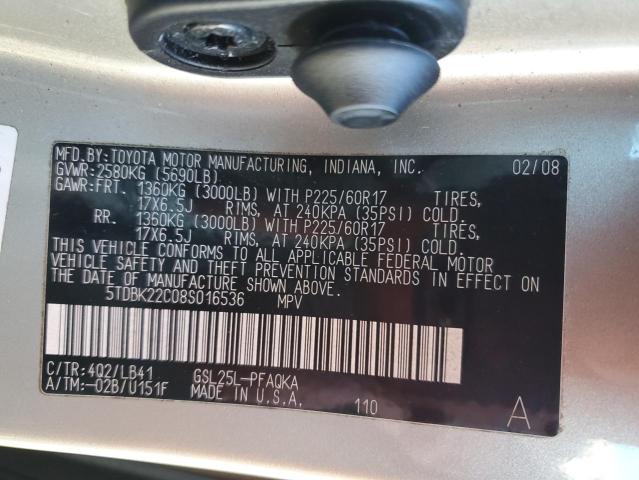 5TDBK22C08S016536 - 2008 TOYOTA SIENNA XLE BEIGE photo 14