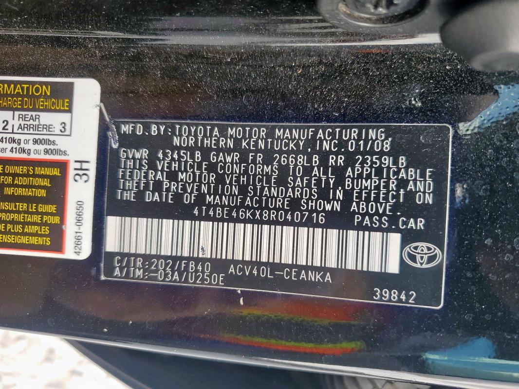 4T4BE46KX8R040716 - 2008 TOYOTA CAMRY CE BLACK photo 12