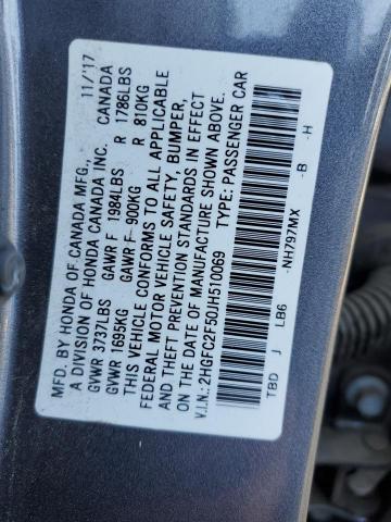 2HGFC2F50JH510069 - 2018 HONDA CIVIC LX ნაცრისფერი ფოტო 12