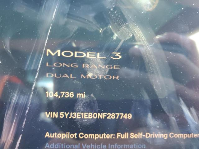 5YJ3E1EB0NF287749 - 2022 TESLA MODEL 3 Bordeaux photo 9