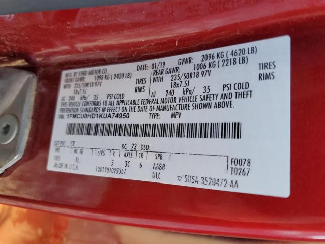 1FMCU0HD1KUA74950 - 2019 FORD ESCAPE SEL წითელი ფოტო 13