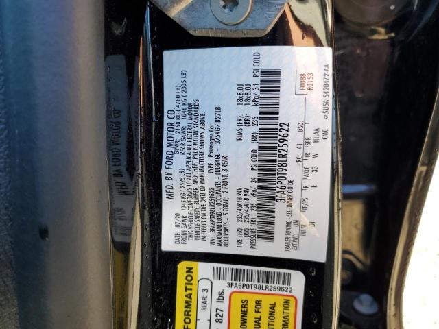3FA6P0T98LR259622 - 2020 FORD FUSION SE BLACK photo 13