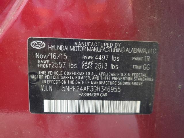 5NPE24AF3GH346955 - 2016 HYUNDAI SONATA SE 红色 照片 12