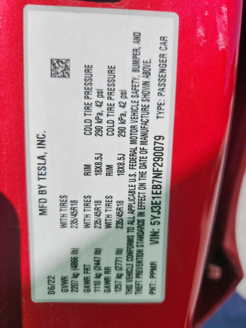 5YJ3E1EB7NF290079 - 2022 TESLA MODEL 3 Kırmızı fotoğraf 13