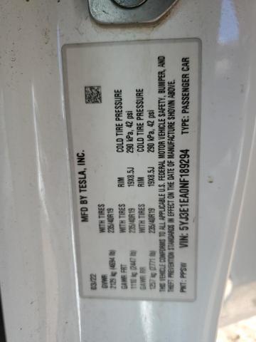 5YJ3E1EA0NF189294 - 2022 TESLA MODEL 3 თეთრი ფოტო 14