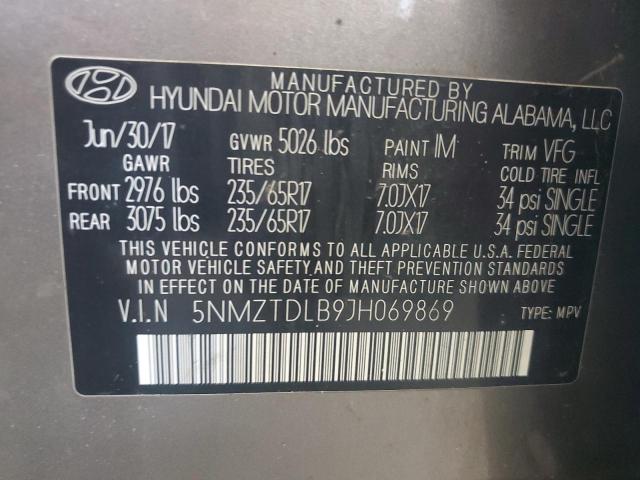 5NMZTDLB9JH069869 - 2018 HYUNDAI SANTA FE S ნაცრისფერი ფოტო 13