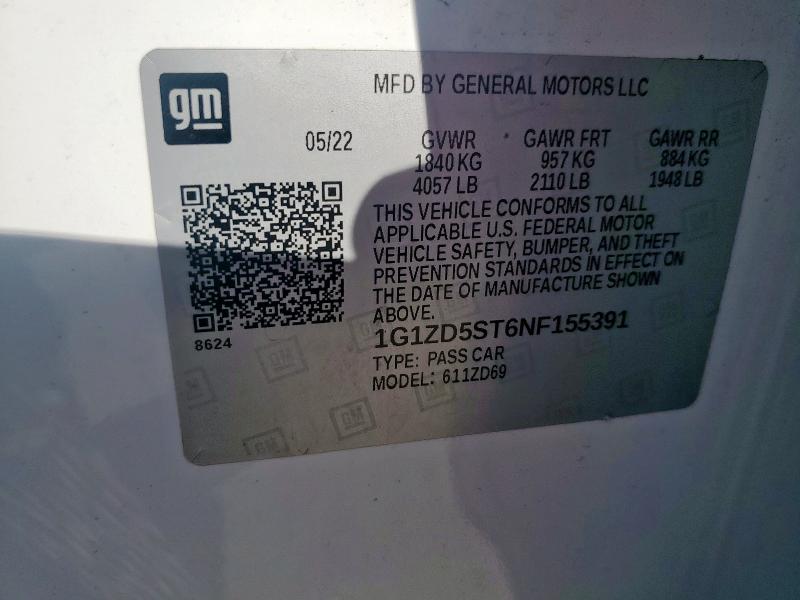 1G1ZD5ST6NF155391 - 2022 CHEVROLET MALIBU LT თეთრი ფოტო 13