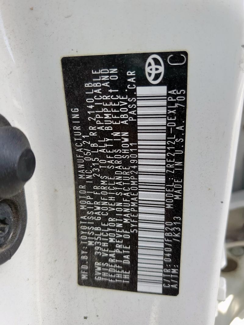 5YFEPMAE0MP249011 - 2021 TOYOTA COROLLA LE WHITE photo 12