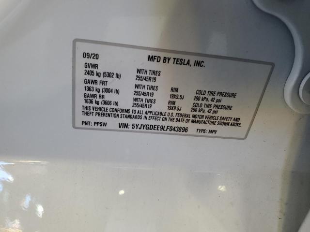 5YJYGDEE9LF043896 - 2020 TESLA MODEL Y Weiß Foto 12