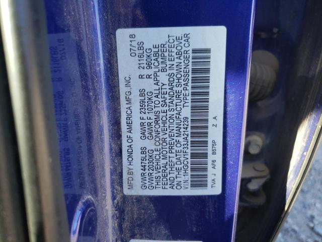 1HGCV1F33JA214239 - 2018 HONDA ACCORD SPORT BLUE photo 12