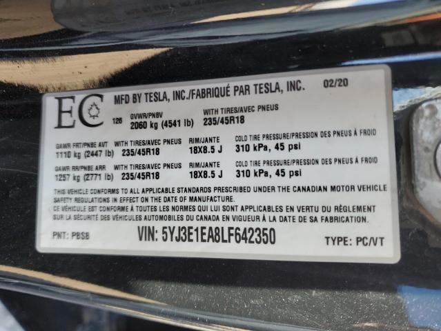 5YJ3E1EA8LF642350 - 2020 TESLA MODEL 3 BLACK photo 13