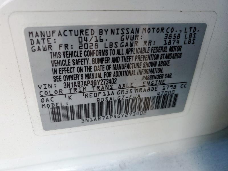 3N1AB7AP4GY273402 - 2016 NISSAN SENTRA S თეთრი ფოტო 12