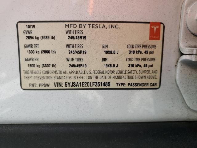 5YJSA1E20LF351485 - 2020 TESLA MODEL S WHITE photo 12