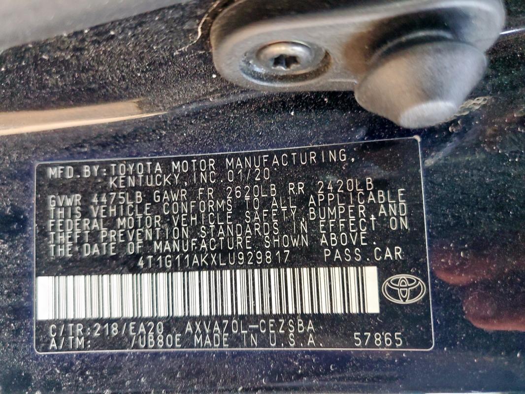 4T1G11AKXLU929817 - 2020 TOYOTA CAMRY SE BLACK photo 12