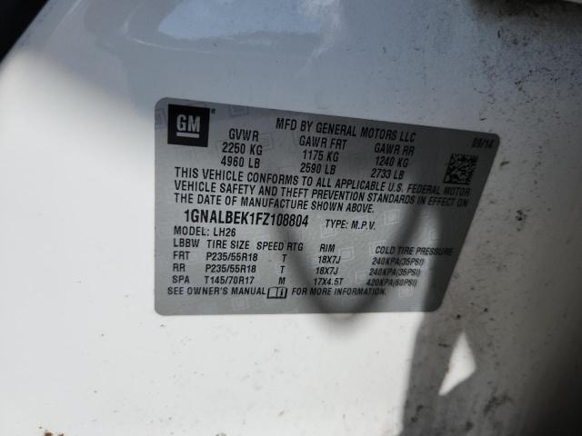 1GNALBEK1FZ108804 - 2015 CHEVROLET EQUINOX LT 白色 照片 12