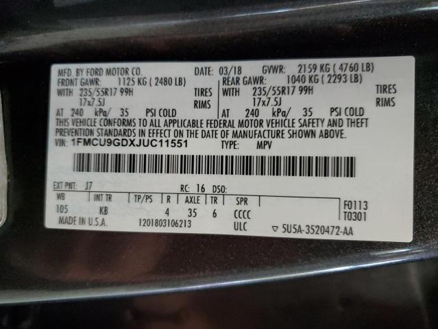 1FMCU9GDXJUC11551 - 2018 FORD ESCAPE SE GRAY photo 13