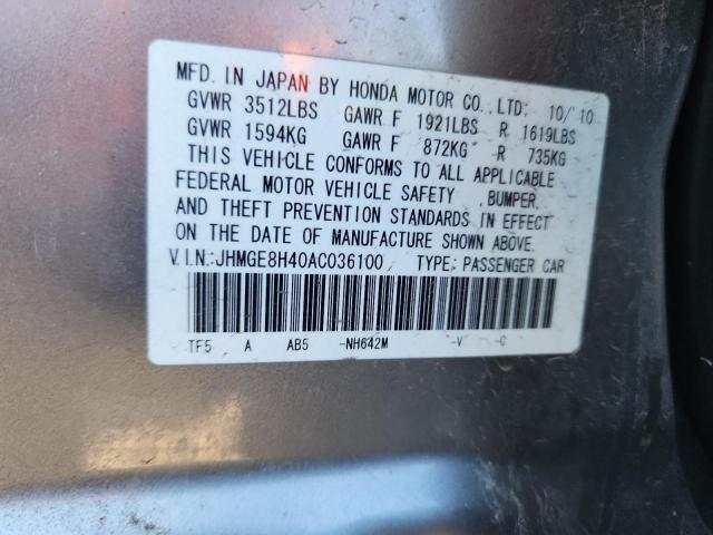 JHMGE8H40AC036100 - 2010 HONDA FIT SPORT Արծաթագույն լուսանկար 12