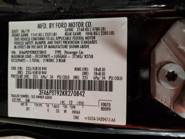 3FA6P0T92KR270842 - 2019 FORD FUSION SE BLACK photo 12
