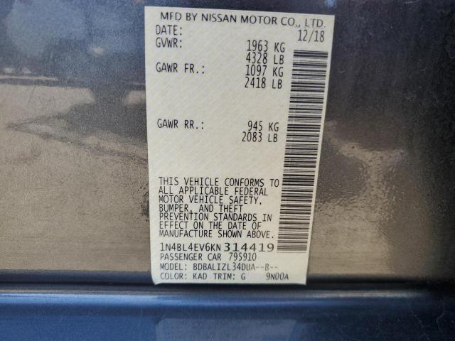 1N4BL4EV6KN314419 - 2019 NISSAN ALTIMA SL 灰色 照片 12