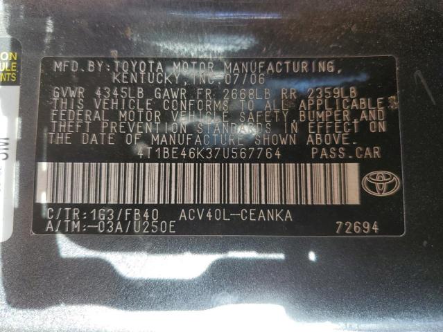 4T1BE46K37U567764 - 2007 TOYOTA CAMRY CE GRAY photo 12