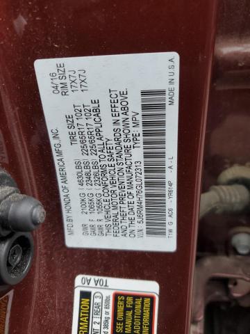 5J6RM4H76GL072313 - 2016 HONDA CR-V EXL 勃艮第红 照片 12