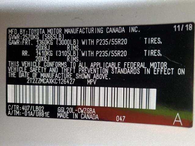 2T2ZZMCAXKC126427 - 2019 LEXUS RX 350 BASE TAN photo 12