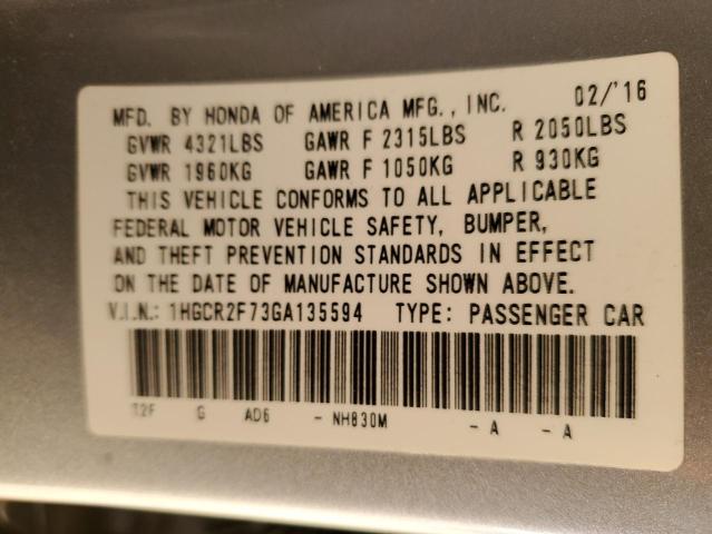 1HGCR2F73GA135594 - 2016 HONDA ACCORD EX SILVER photo 12