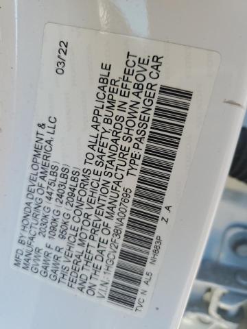 1HGCV2F38NA007695 - 2022 HONDA ACCORD SPORT WHITE photo 12