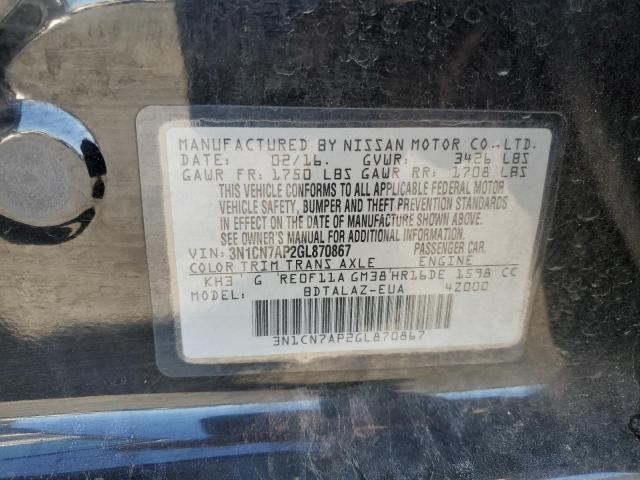 3N1CN7AP2GL870867 - 2016 NISSAN VERSA S Siyah fotoğraf 12