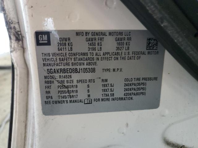 5GAKRBED8BJ105308 - 2011 BUICK ENCLAVE CXL WHITE photo 13