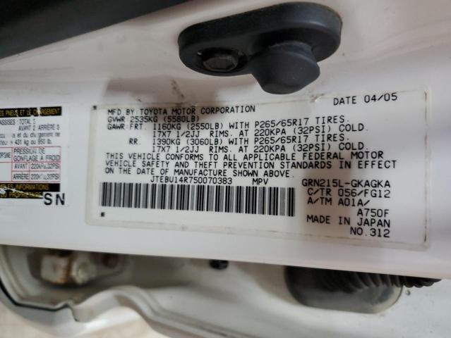 JTEBU14R750070383 - 2005 TOYOTA 4RUNNER SR5 თეთრი ფოტო 13