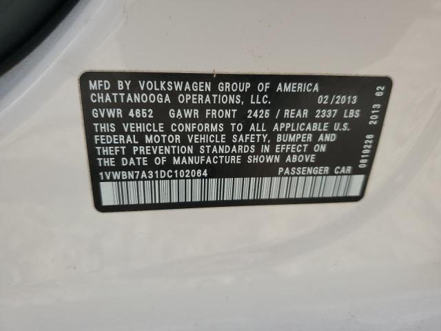 1VWBN7A31DC102064 - 2013 VOLKSWAGEN PASSAT SE Beyaz fotoğraf 12