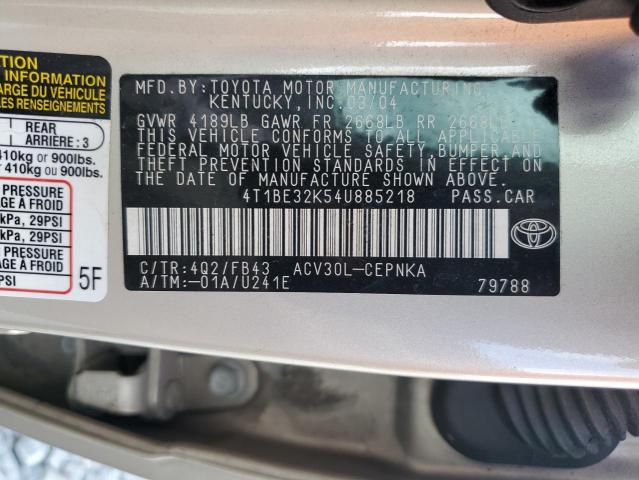 4T1BE32K54U885218 - 2004 TOYOTA CAMRY LE BEIGE photo 12