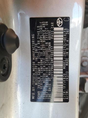 5YFEPMAE6MP160317 - 2021 TOYOTA COROLLA LE 银色 照片 12