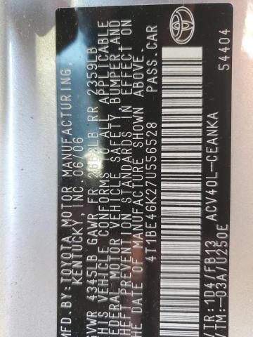 4T1BE46K27U556528 - 2007 TOYOTA CAMRY CE SILVER photo 13