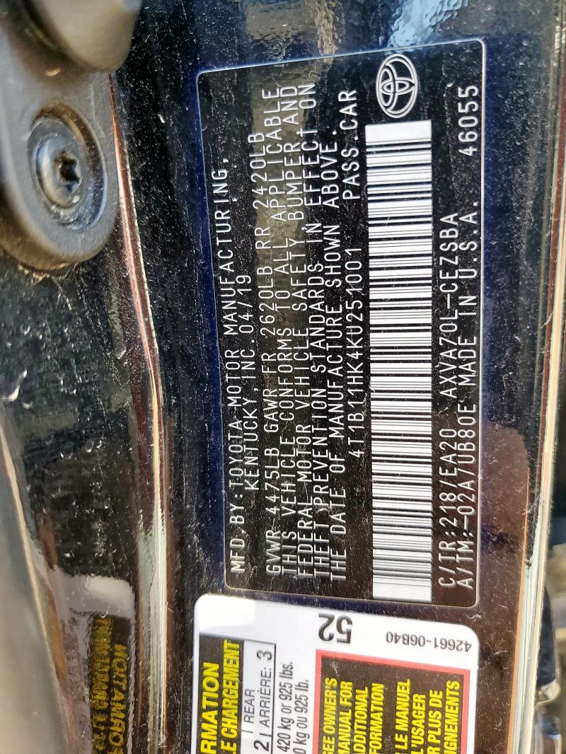 4T1B11HK4KU251001 - 2019 TOYOTA CAMRY L BLACK photo 13