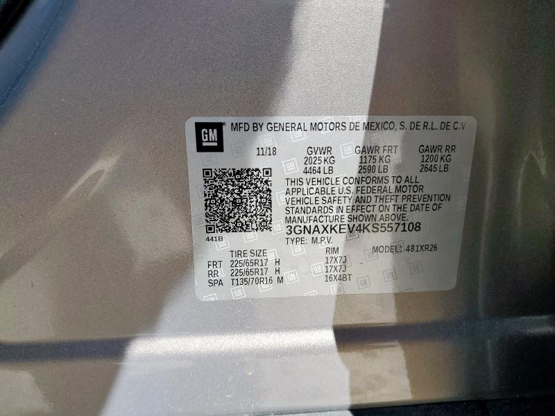 3GNAXKEV4KS557108 - 2019 CHEVROLET EQUINOX LT GRAY photo 14