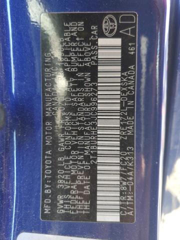 2T1BURHE3JC996273 - 2018 TOYOTA COROLLA L Көк фото 12