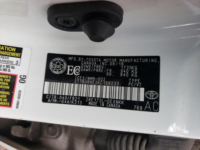 2T1BURHE2KC168233 - 2019 TOYOTA COROLLA L WHITE photo 12