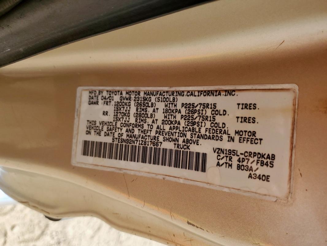 5TESN92N71Z817667 - 2001 TOYOTA TACOMA XTRACAB PRERUNNER Коричневый фото 12