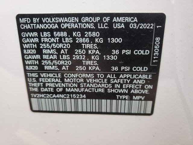 1V2HC2CA4NC215234 - 2022 VOLKSWAGEN ATLAS CROS SE WHITE photo 13