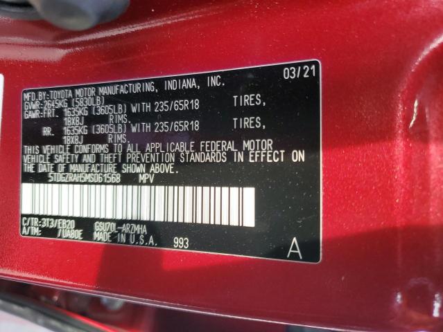 5TDGZRAH5MS061568 - 2021 TOYOTA HIGHLANDER XLE 勃艮第红 照片 13