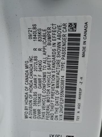 2HGFE2F55NH536814 - 2022 HONDA CIVIC SPORT WHITE photo 12