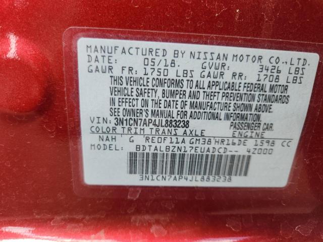 3N1CN7AP4JL883238 - 2018 NISSAN VERSA S RED photo 12