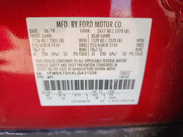 1FMSK7DHXLGA31226 - 2020 FORD EXPLORER XLT Qırmızı foto 12