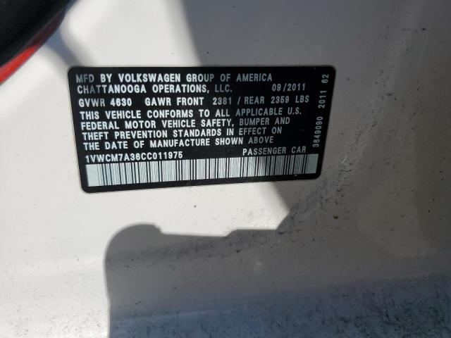 1VWCM7A36CC011975 - 2012 VOLKSWAGEN PASSAT SEL 白色 照片 12