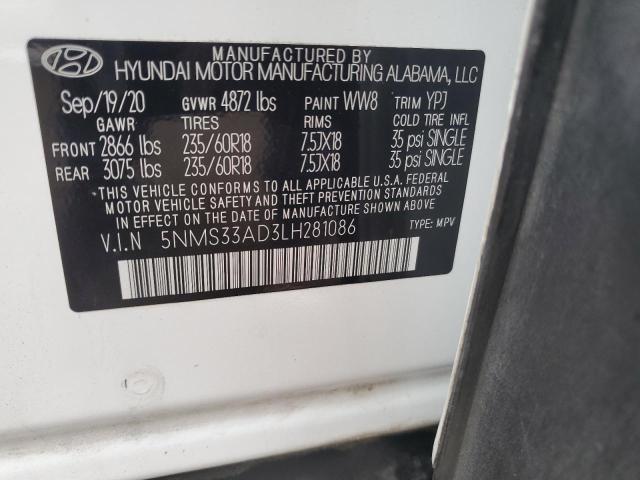 5NMS33AD3LH281086 - 2020 HYUNDAI SANTA FE SEL WHITE photo 13