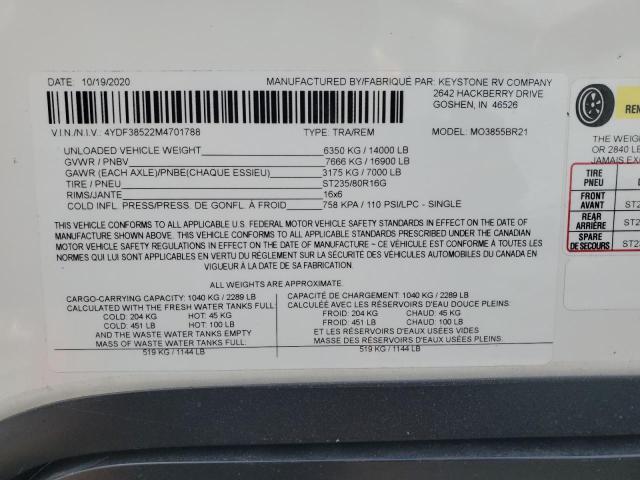 4YDF38522M4701788 - 2021 KEYSTONE MONTANA WHITE photo 10