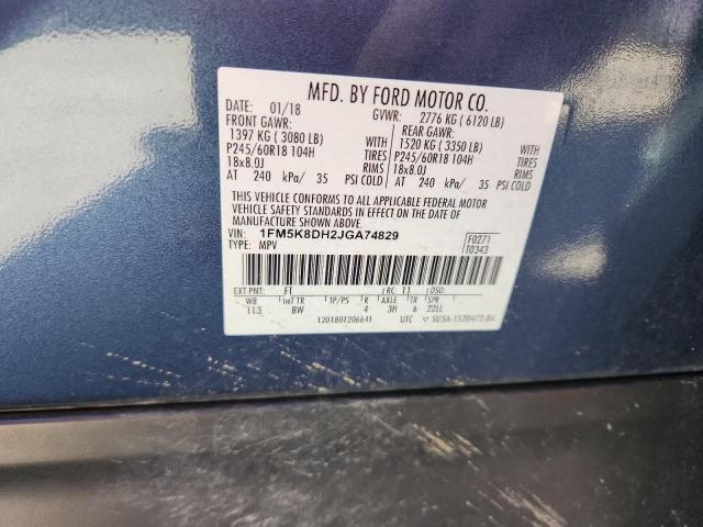 1FM5K8DH2JGA74829 - 2018 FORD EXPLORER XLT ლურჯი ფოტო 12